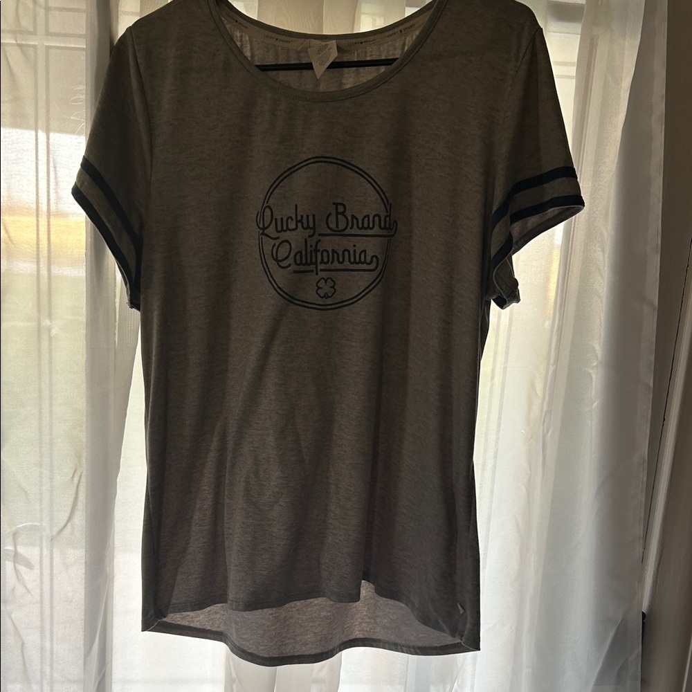Lucky Brand Gray Tee with Navy Logo and Sleeve Stripes